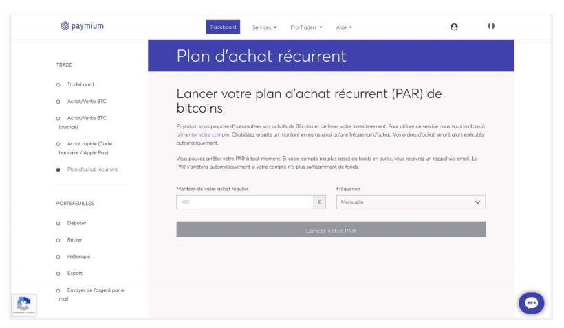 Paramétrer un plan d’achat récurrent (PAR) de bitcoins se fait en un clic sur Paymium. Paramétrer un plan d’achat récurrent (PAR) de bitcoins se fait en un clic sur Paymium.