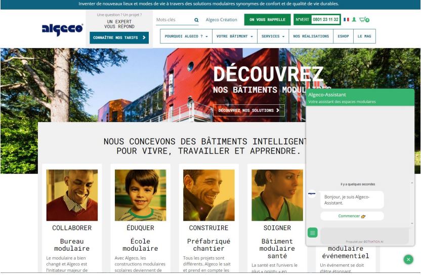 Capture d’écran du chatbot Botnation sur le site Algeco