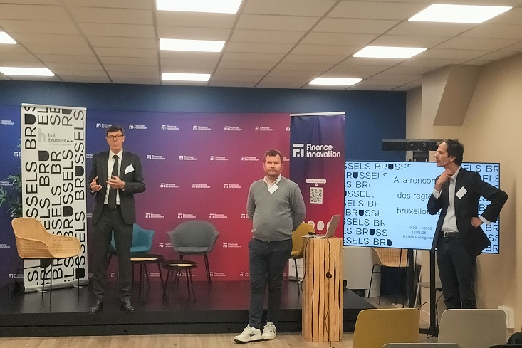 Oliver Costa (hub.brussels), Jean-François Heering (Fintech Belgium) et Samuel Cohen (Finance Innovation)