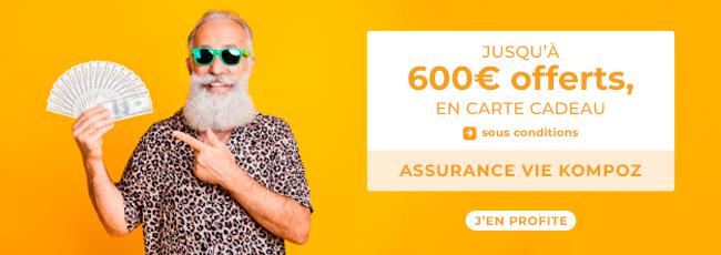 Jusqu'à 600 € en carte cadeau pour toute première adhésion au contrat d'assurance-vie KOMPOZ