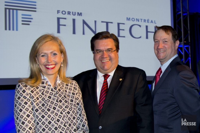 Monique Leroux, présidente et chef de la direction, Mouvement Desjardins, Denis Coderre, maire de Montréal, et Louis Vachon, président et chef de la direction, Banque Nationale.