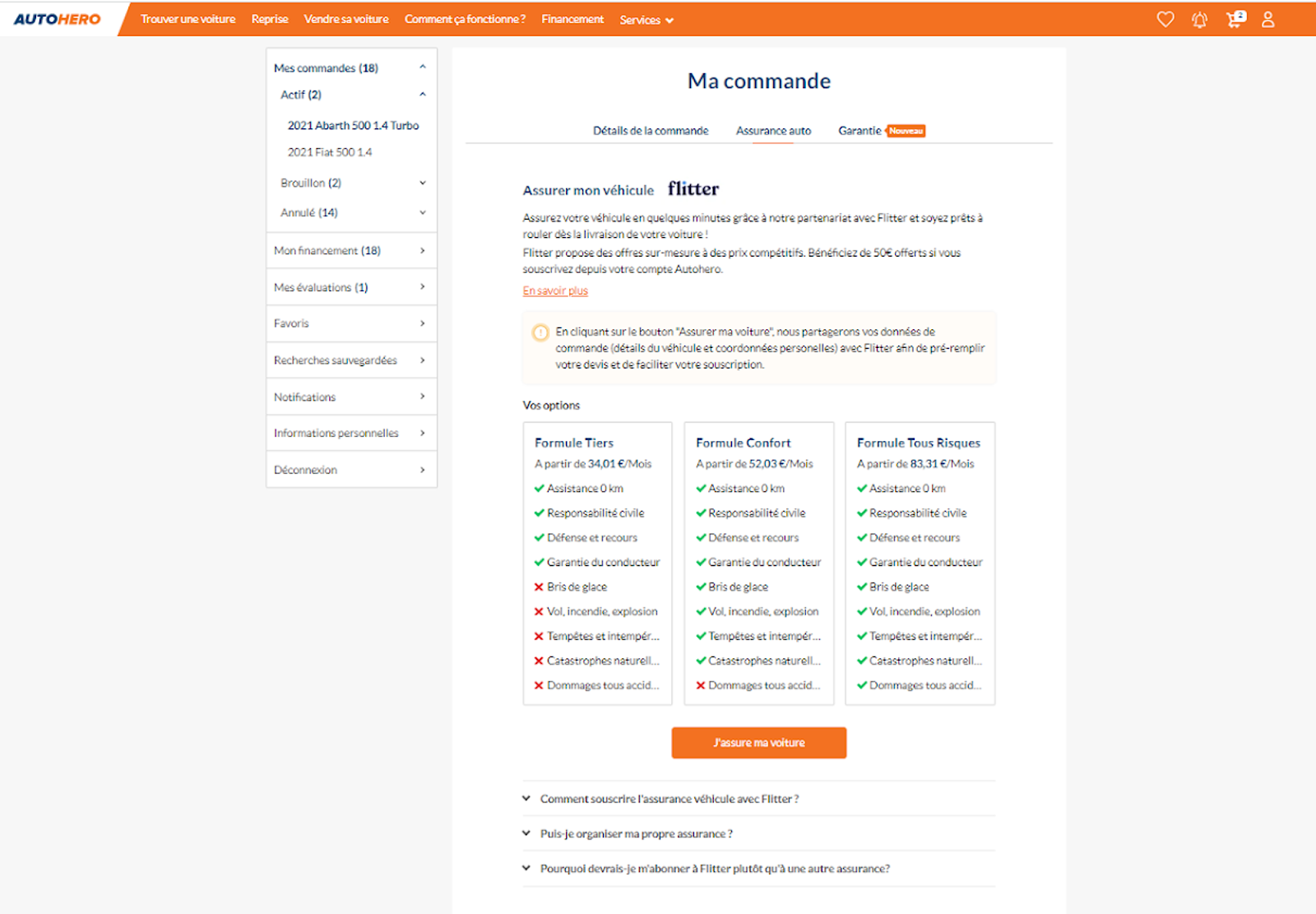 Estimation tarifaire de l'assurance auto disponible sur l'espace client d'Autohero après achat du véhicule Estimation tarifaire de l'assurance auto disponible sur l'espace client d'Autohero après achat du véhicule