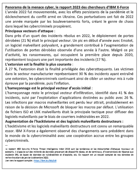 Panorama de la menace cyber, le rapport 2023 des chercheurs d’IBM X-Force  Cliquez pour agrandir Panorama de la menace cyber, le rapport 2023 des chercheurs d’IBM X-Force  Cliquez pour agrandir